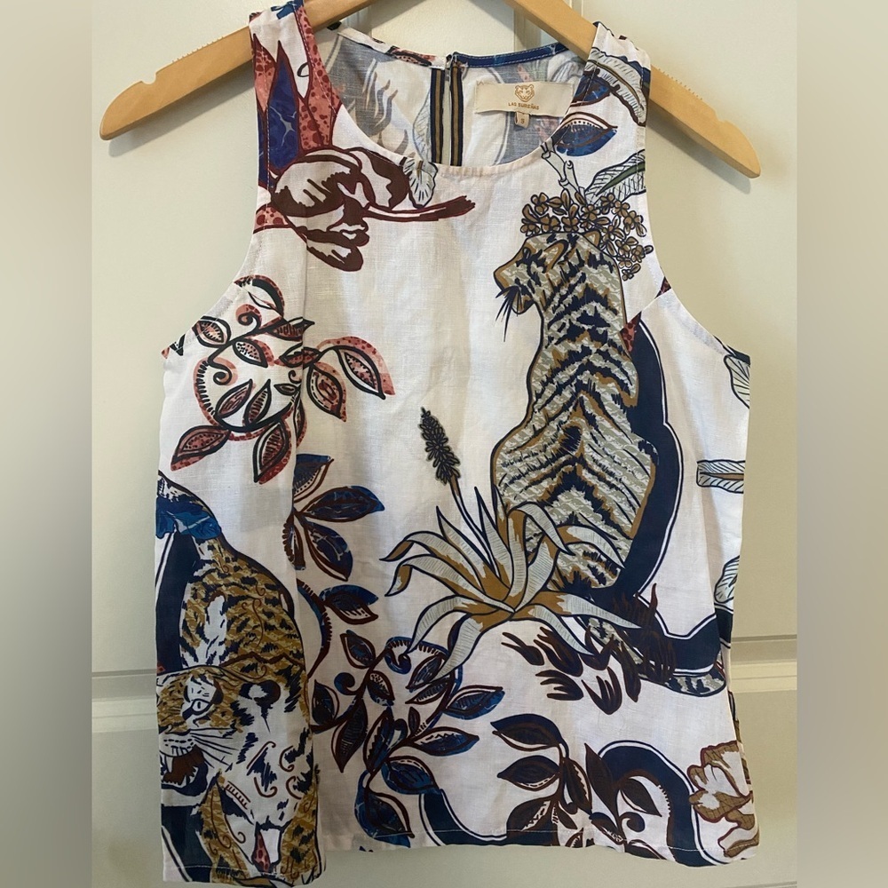 Las Sureñas NWOT Tiger Sleeveless Linen & Cotton Tank Top with Animal Print